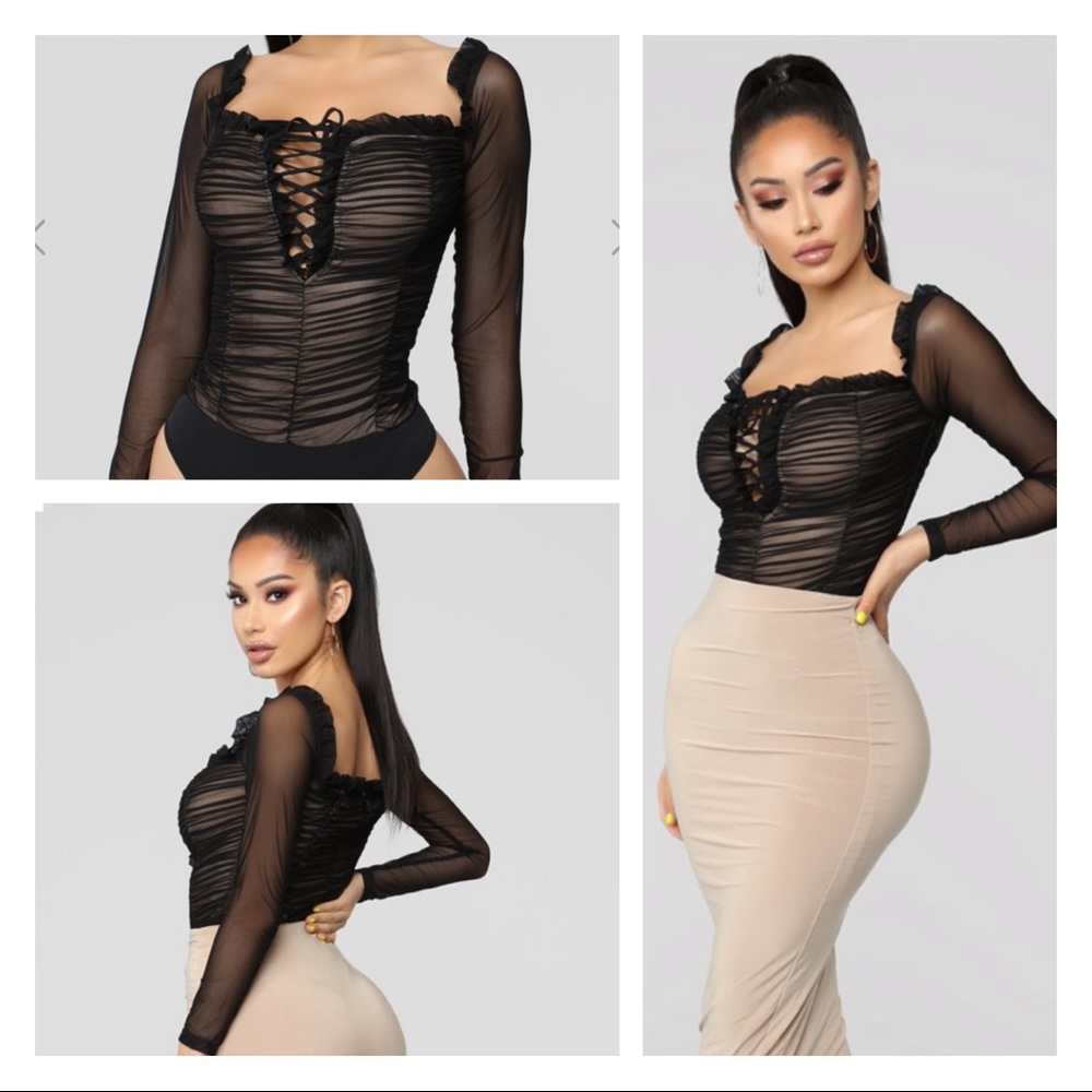 Fashion Nova Black Corset Mesh Bodysuit - Black